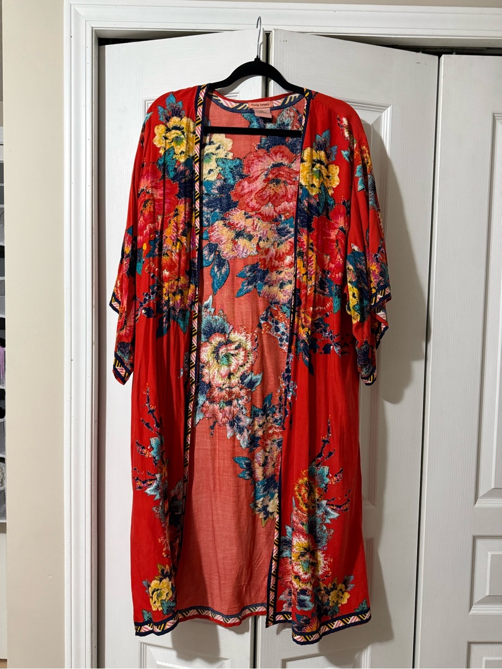 Flying Tomato Long Floral Kimono in Red with Bold Geometric Details- M/L